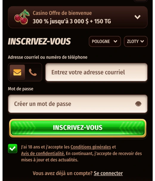 Inscription sur Westace Casino